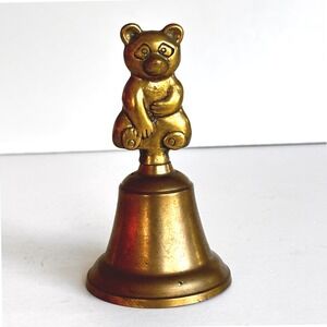 Vintage Solid Brass Teddy Bear Hand Bell Collectible Figurine Decor 4.5 Inch